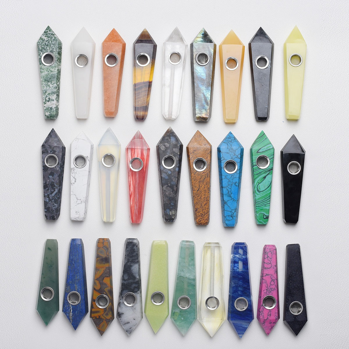 Assorted Color Natural Crystal Rough Polished  Six-Sided Single-Pointed Smoking Pipes