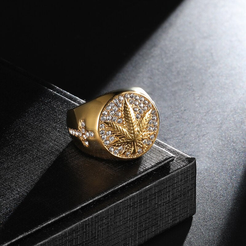 Stainless Steel Rhinestone Cannabis Leaf Ring