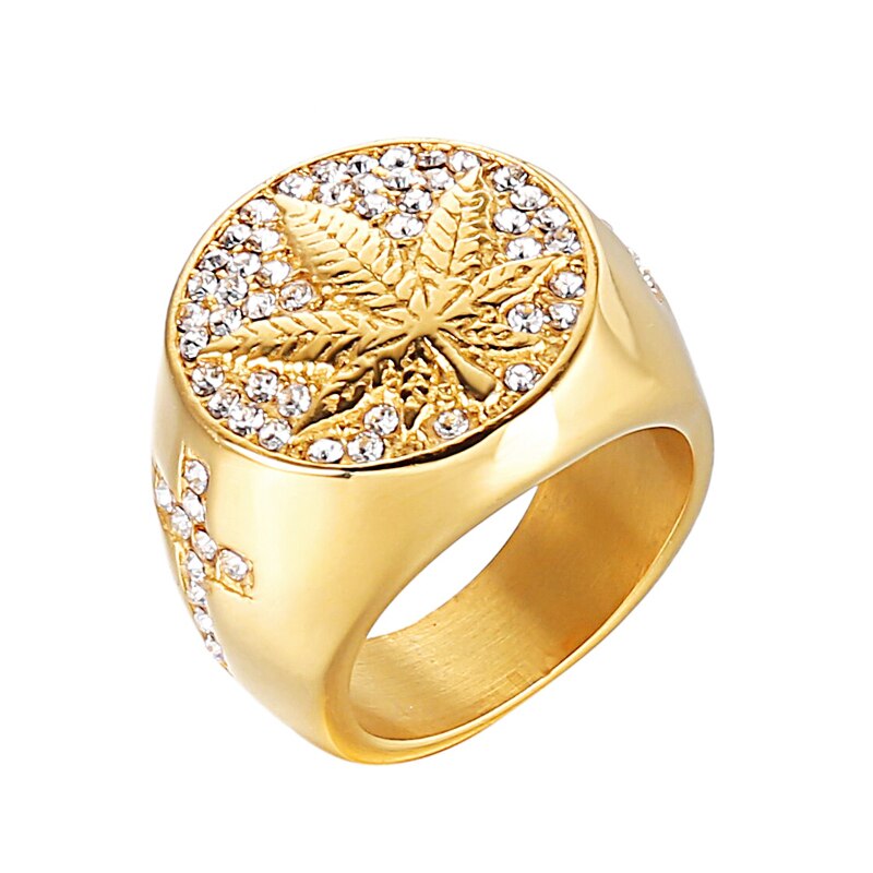Stainless Steel Rhinestone Cannabis Leaf Ring