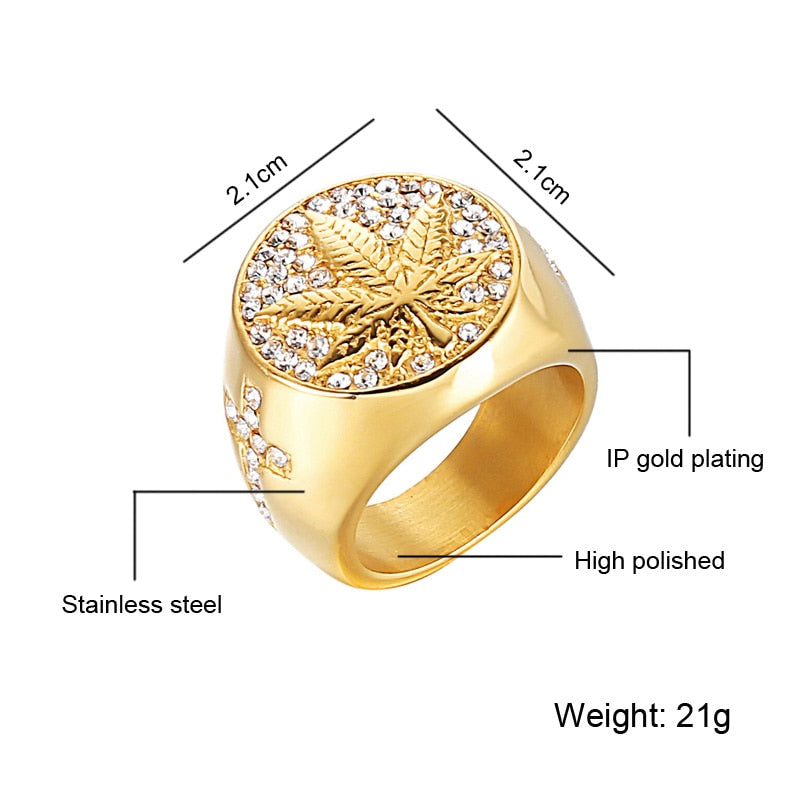Stainless Steel Rhinestone Cannabis Leaf Ring