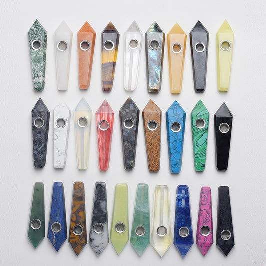 Assorted Color Natural Crystal Rough Polished  Six-Sided Single-Pointed Smoking Pipes