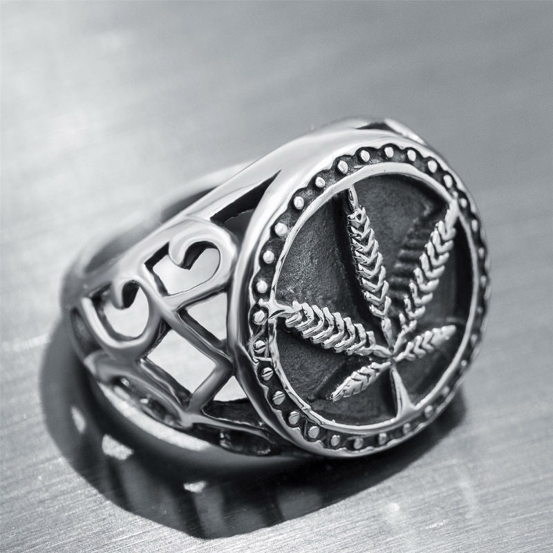 Silver Hollow Cannabis Leaf Domineering Male Ring