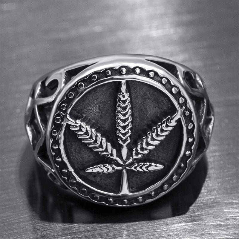 Silver Hollow Cannabis Leaf Domineering Male Ring