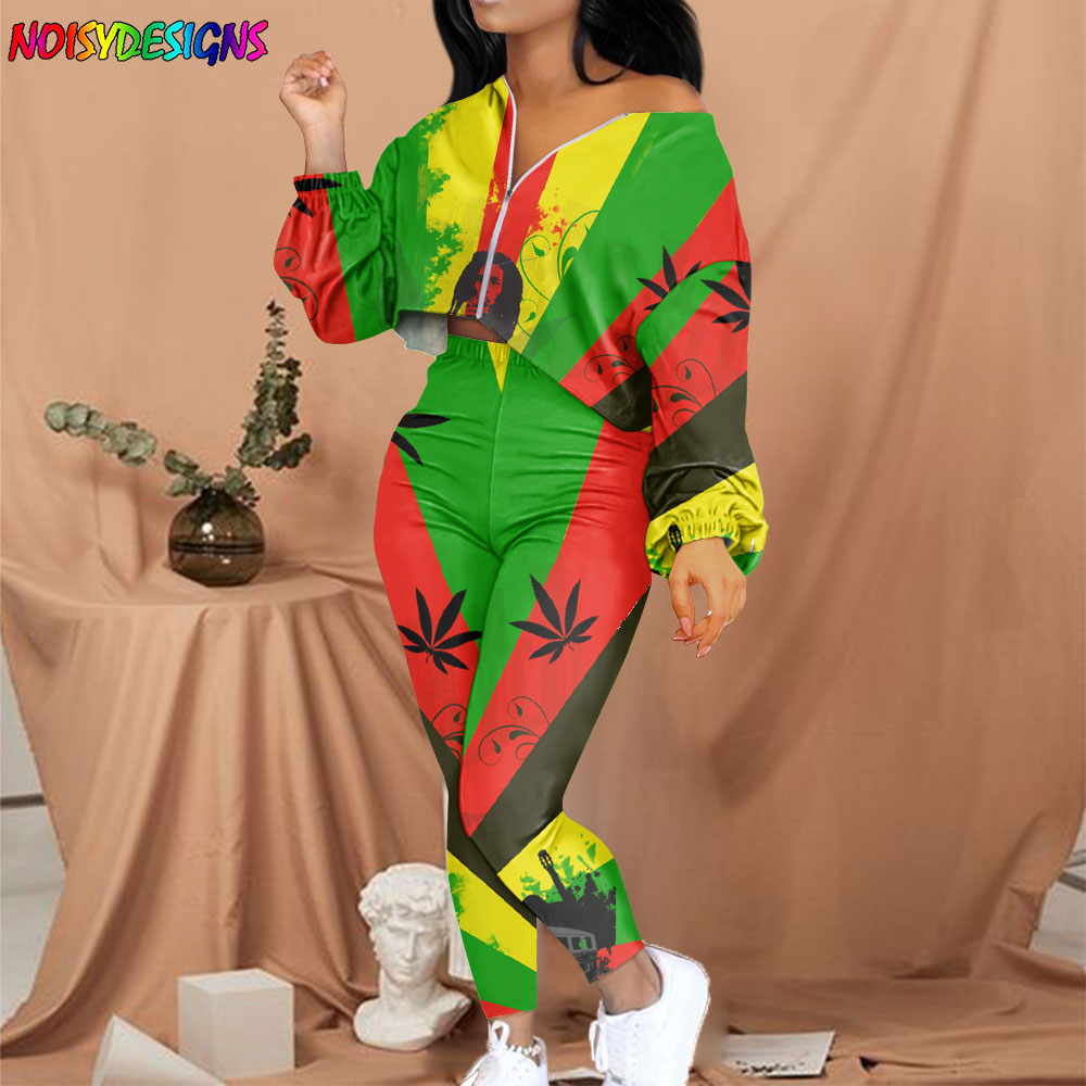 Women's Bob Marley  2 Piece Set Zip Sweatshirt Crop Top Tracksuit  