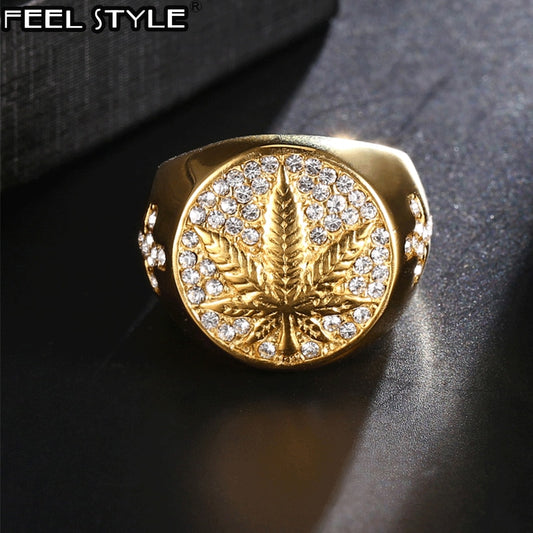 Stainless Steel Rhinestone Cannabis Leaf Ring