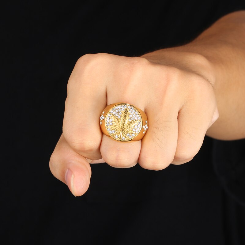 Stainless Steel Rhinestone Cannabis Leaf Ring