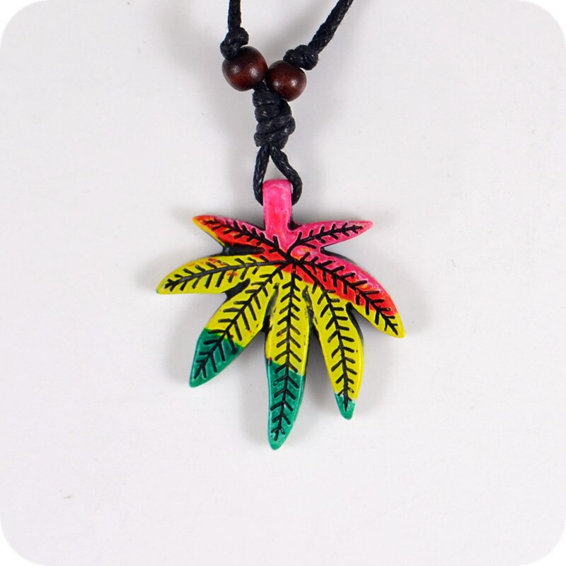 Red Yellow Green Cannabis Leaf Resin Carving Pendant Necklace