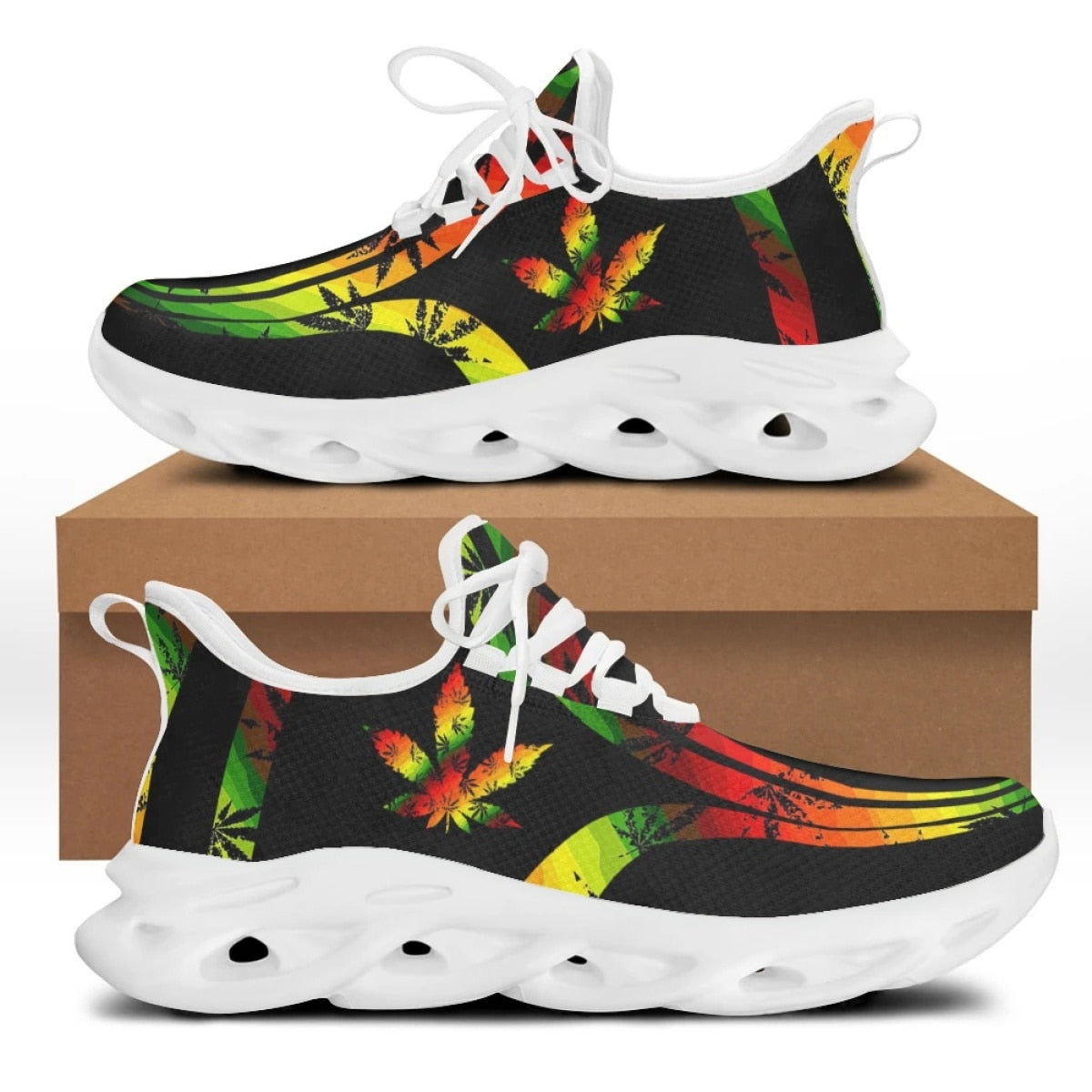Assorted Cannabis Leaf Men's Mesh Lace-Up Sneakers With Black/White Soles