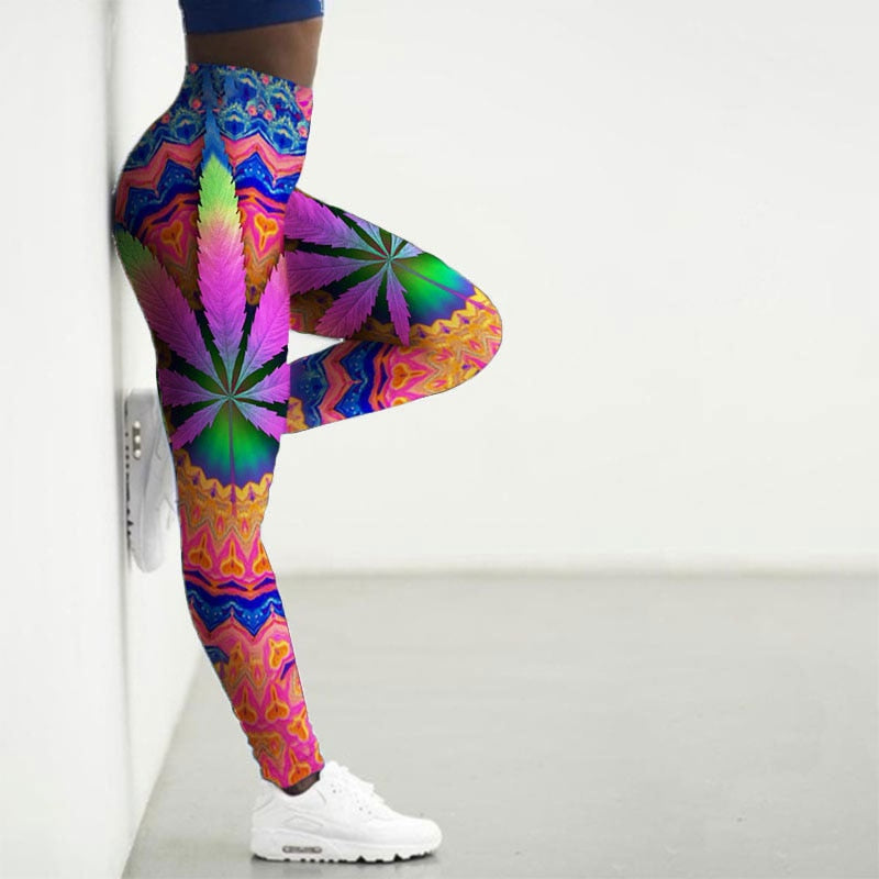 Assorted Colorful Women's 3D Weed Leaf Sport Leggings