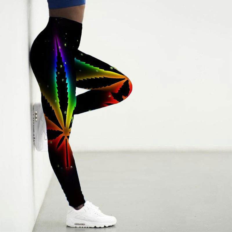 Assorted Colorful Women's 3D Weed Leaf Sport Leggings